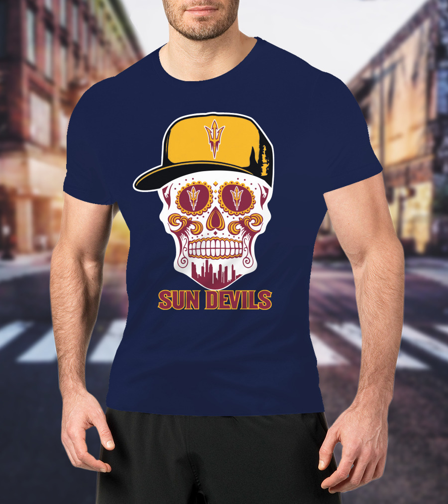 Sun Devils Sugar Skull With Arizona State Emblem Baseball Cap T-Shirt