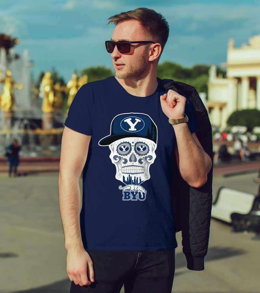 Byu Cougars Skull With Y Hat And Cityscape T-Shirt