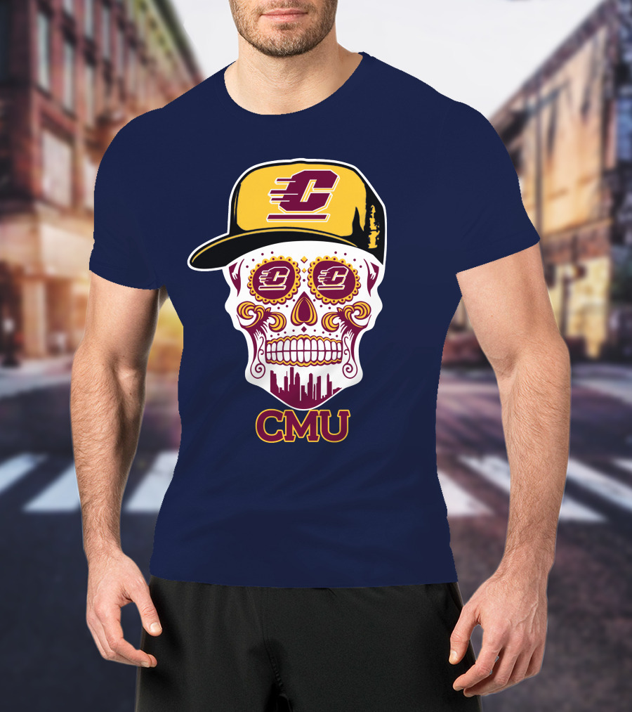 Cmu Central Michigan Chippewas Skull Logo With Cap And City Skyline T-Shirt
