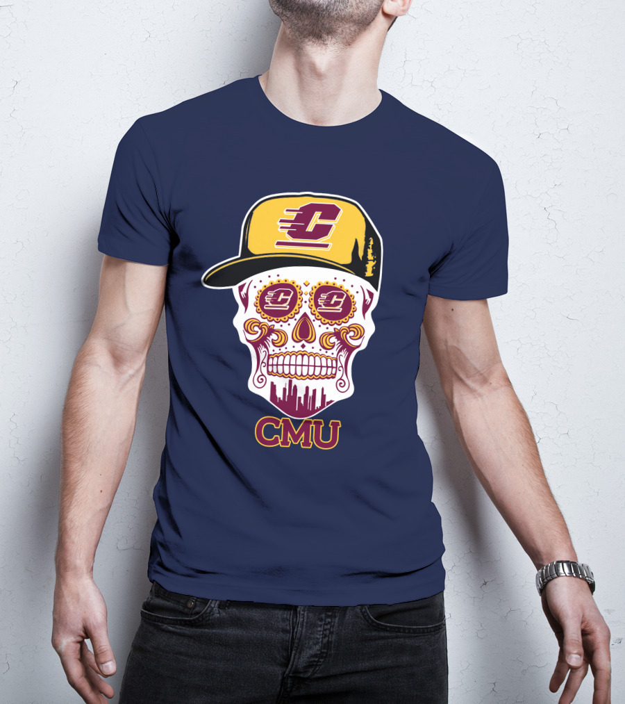 Cmu Central Michigan Chippewas Skull Logo With Cap And City Skyline T-Shirt