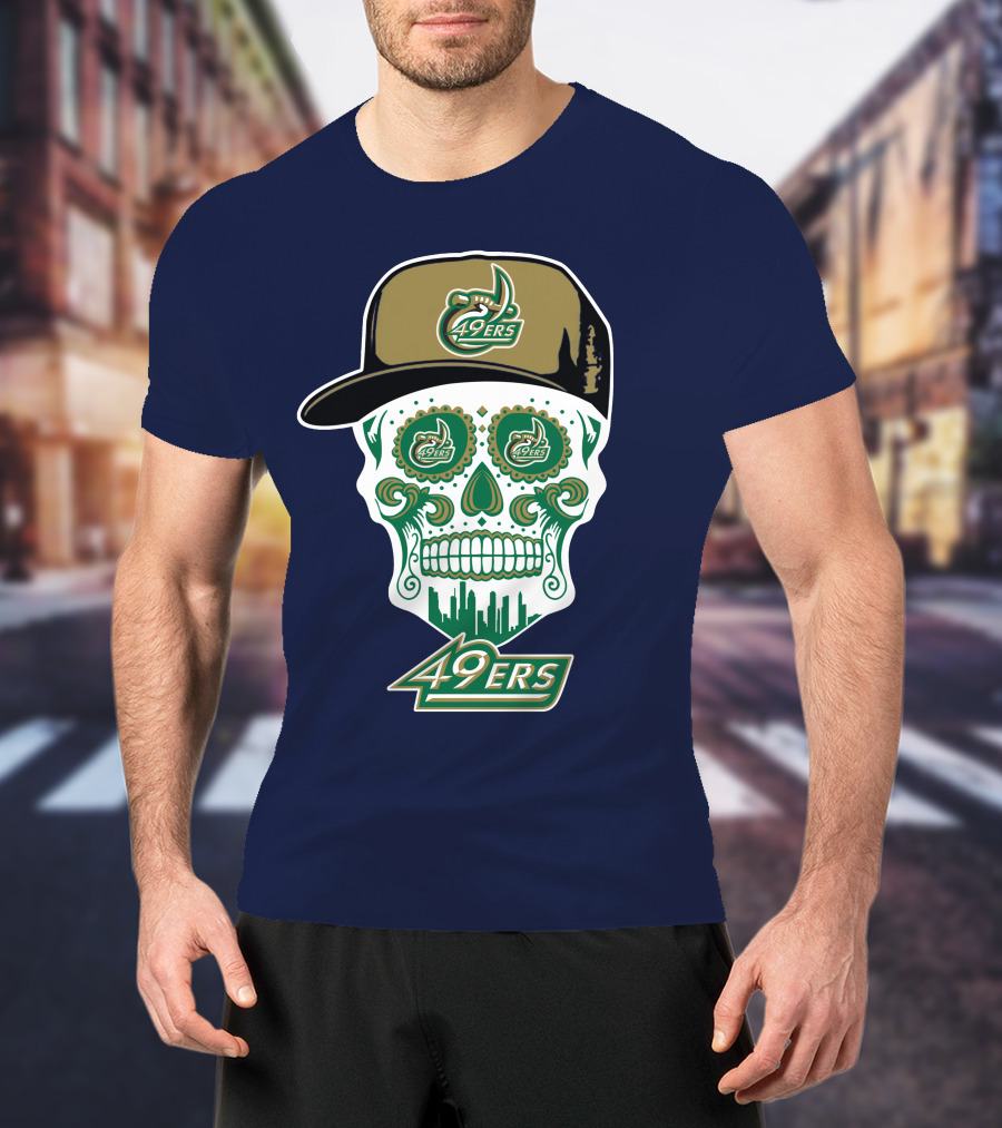 Charlotte 49ers Sugar Skull Green And Gold Logo With Hat T-Shirt