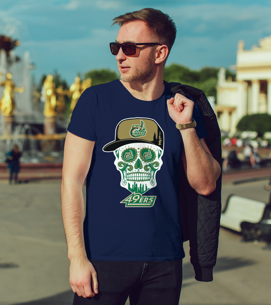 Charlotte 49ers Sugar Skull Green And Gold Logo With Hat T-Shirt