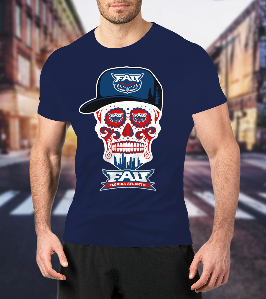 Fau Florida Atlantic Owls Sugar Skull With Cap T-Shirt
