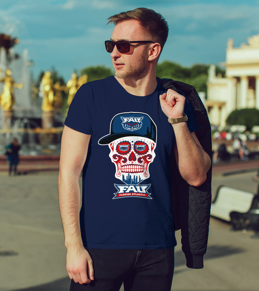 Fau Florida Atlantic Owls Sugar Skull With Cap T-Shirt