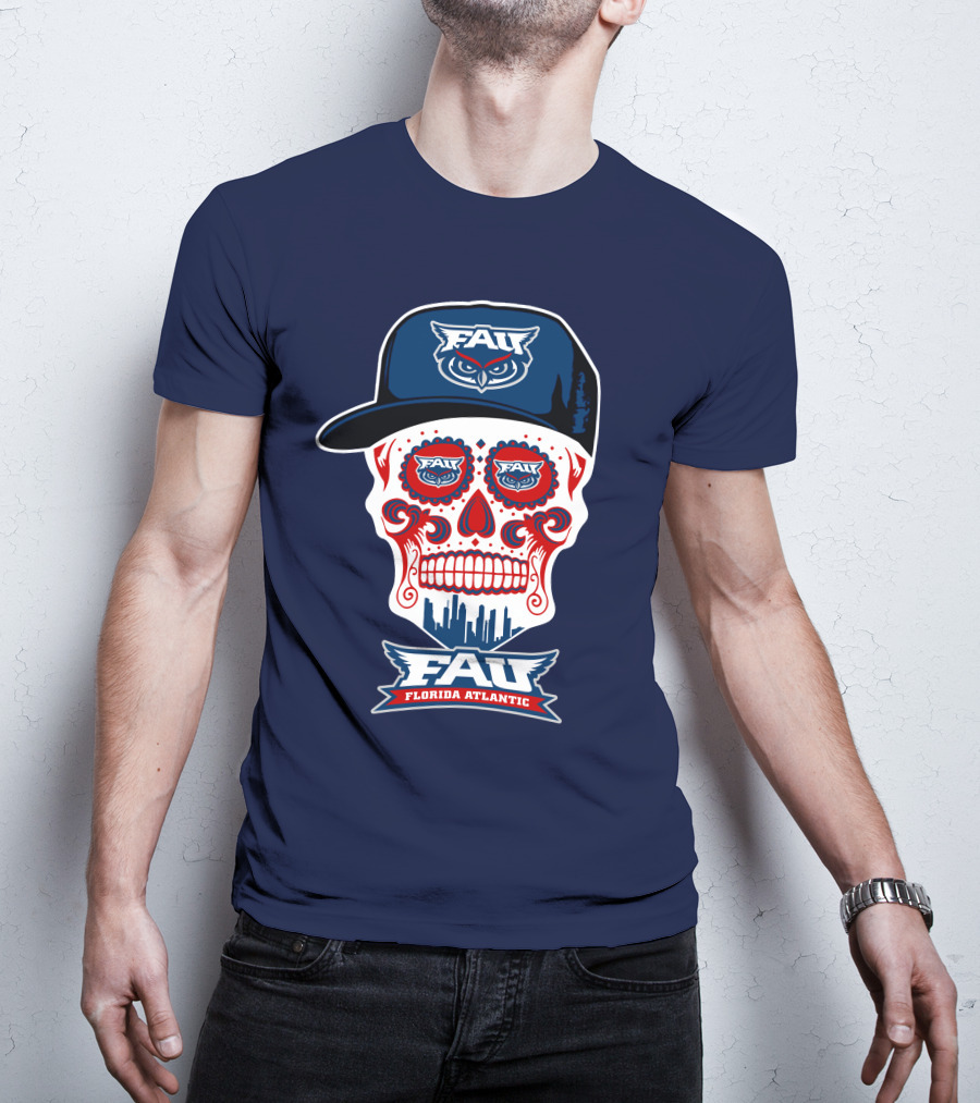 Fau Florida Atlantic Owls Sugar Skull With Cap T-Shirt
