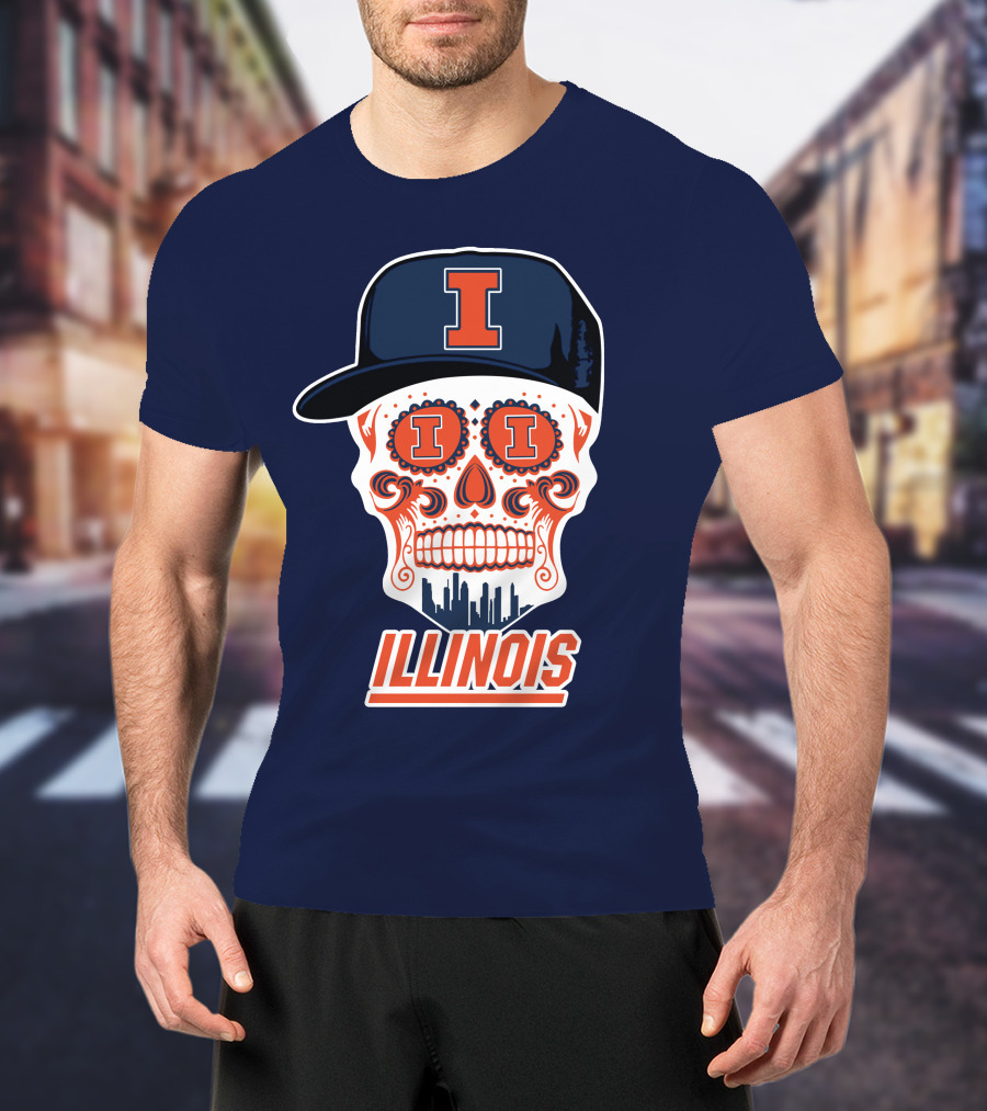 Illinois Fighting Illini Skull With Cap And Skyline T-Shirt