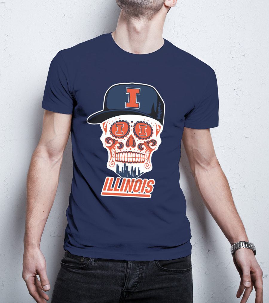 Illinois Fighting Illini Skull With Cap And Skyline T-Shirt