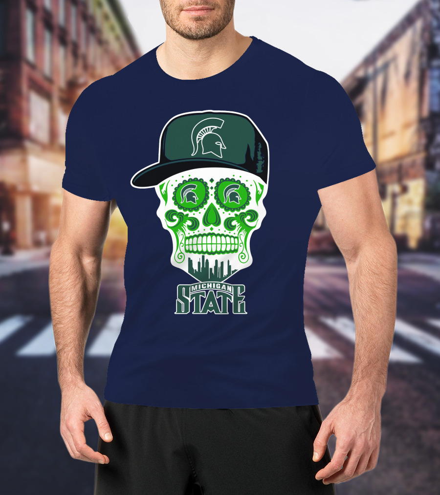Michigan State Spartans Sugar Skull With Spartan Helmet Icon And City Skyline T-Shirt