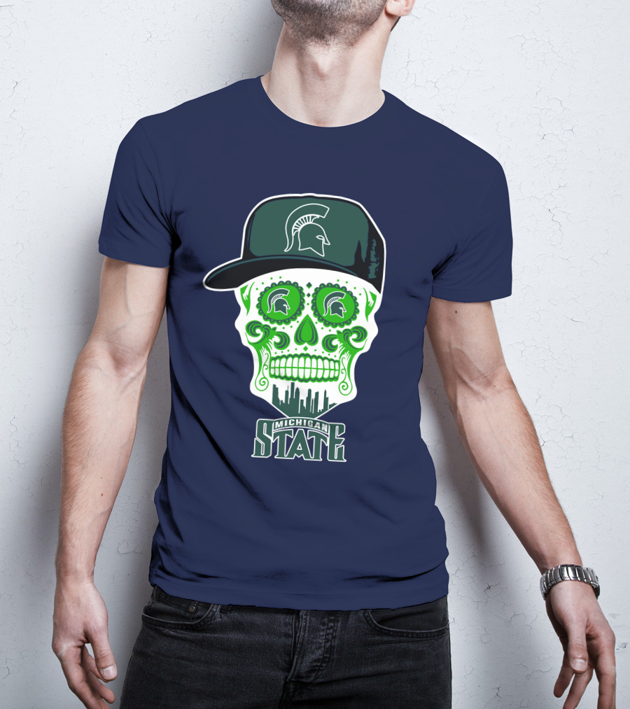 Michigan State Spartans Sugar Skull With Spartan Helmet Icon And City Skyline T-Shirt