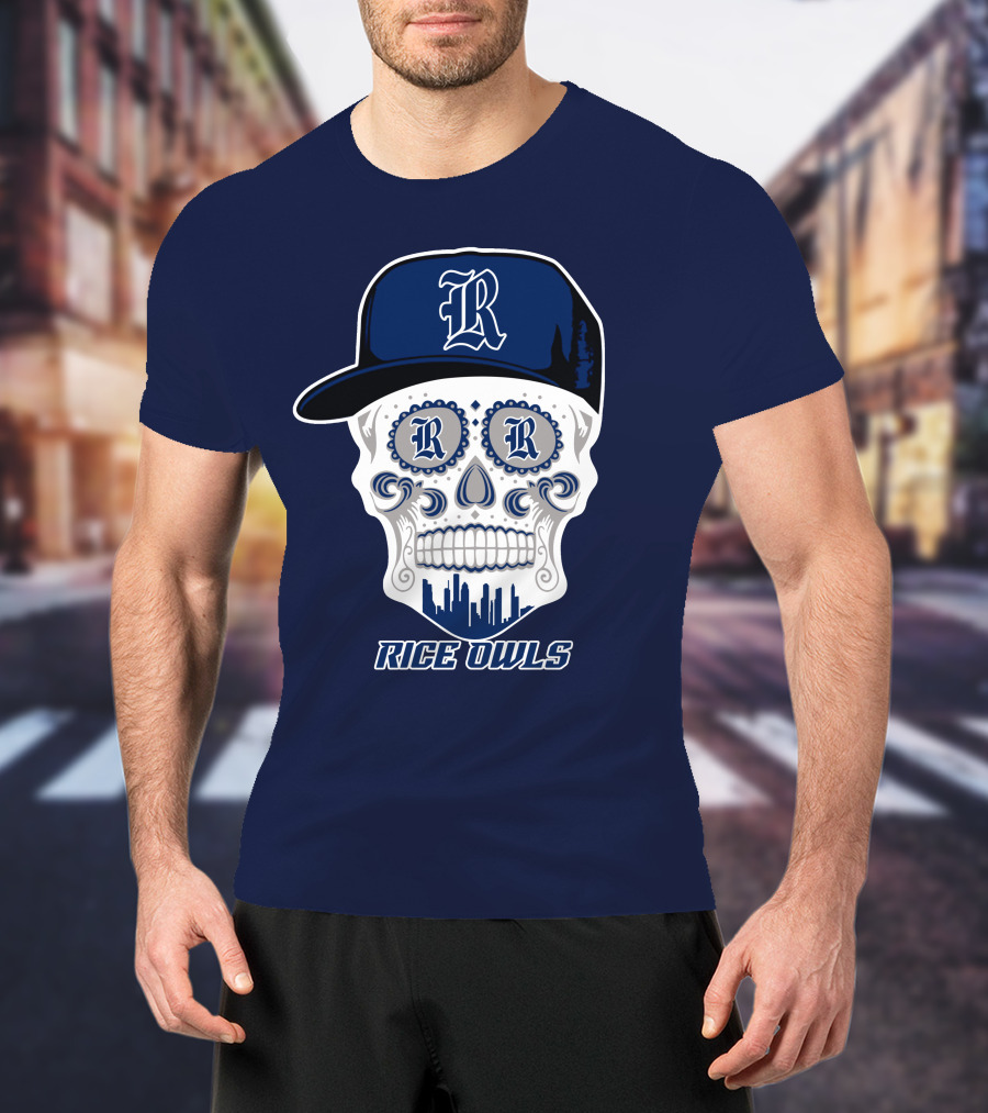 Rice Owls Skull With Cap And City Skyline T-Shirt