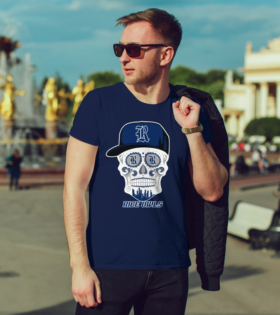 Rice Owls Skull With Cap And City Skyline T-Shirt
