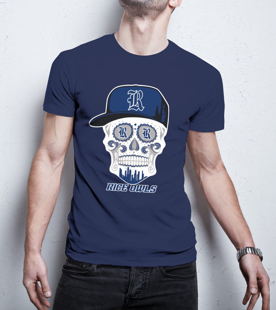Rice Owls Skull With Cap And City Skyline T-Shirt