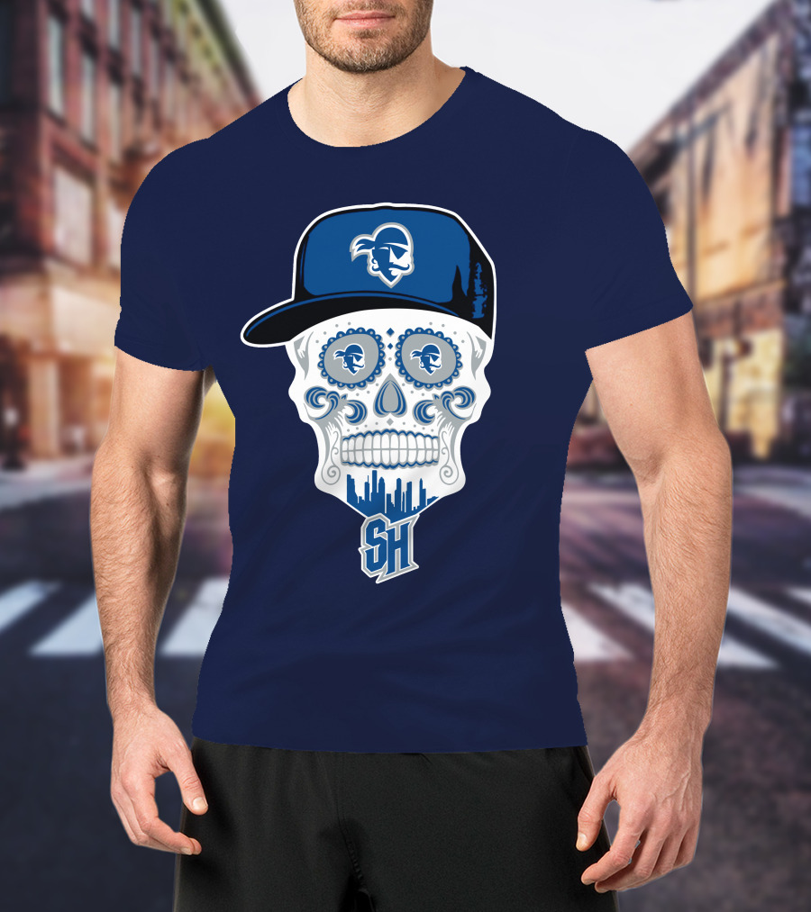 Seton Hall Pirates Sugar Skull Design With Pirate Cap And Sh T-Shirt