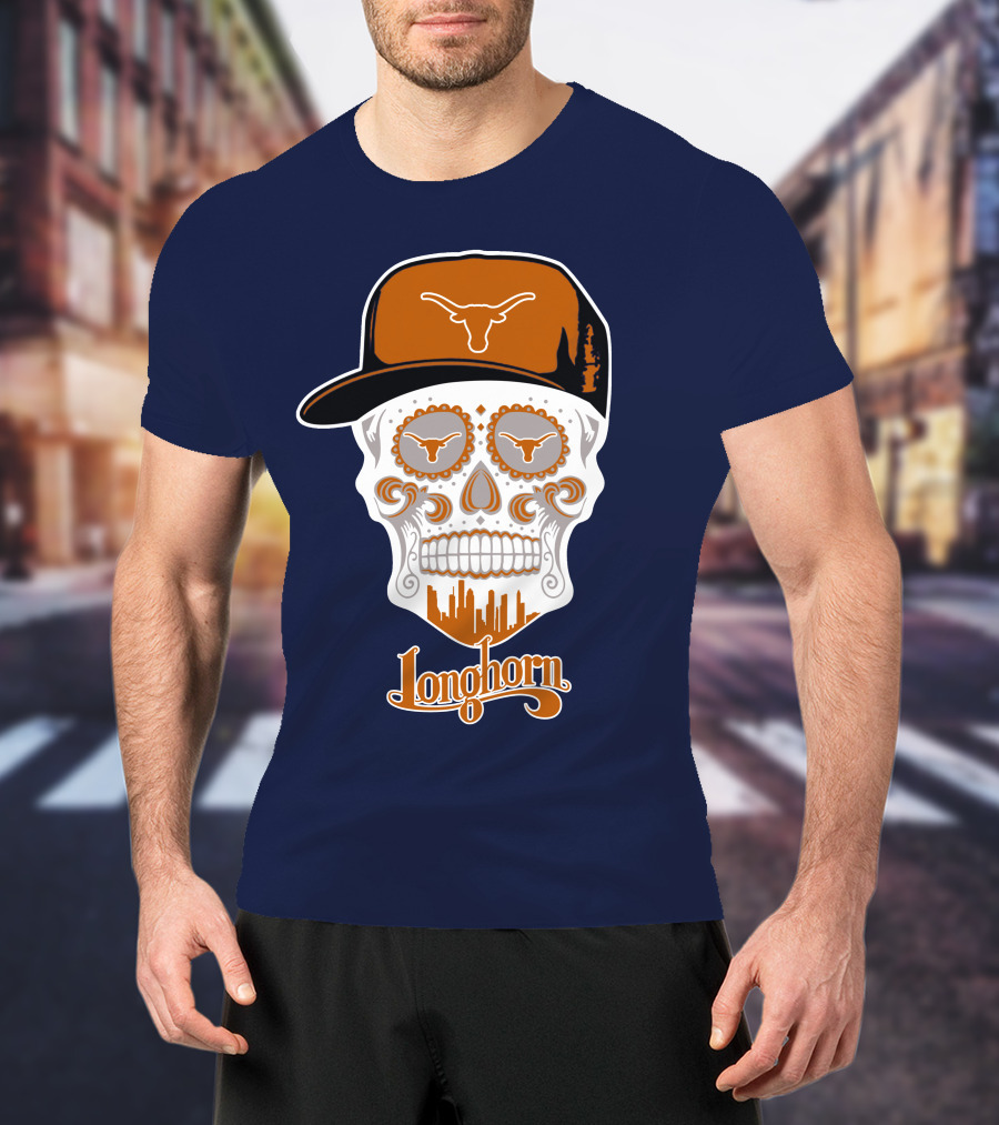 Longhorns Skull With Texas Longhorns Cap And Austin Skyline T-Shirt