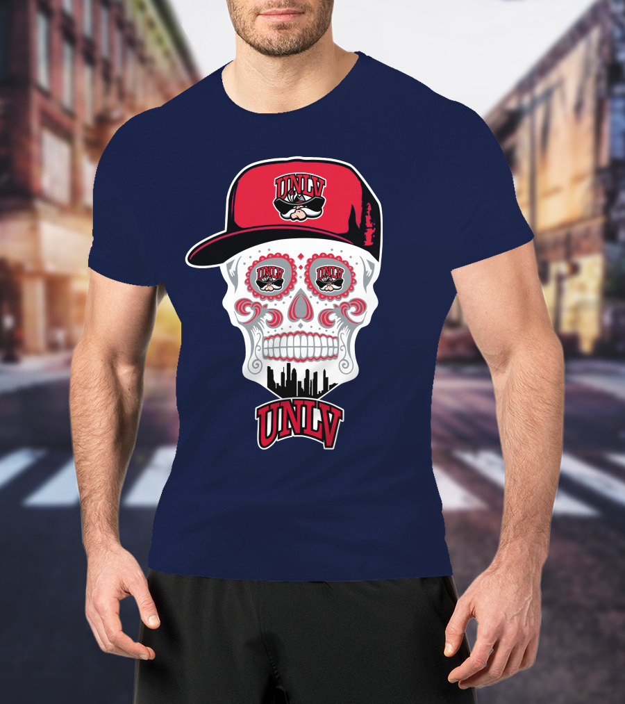 Unlv Rebels Skull With Cap Design Featuring Mascot Logo And Skyline T-Shirt