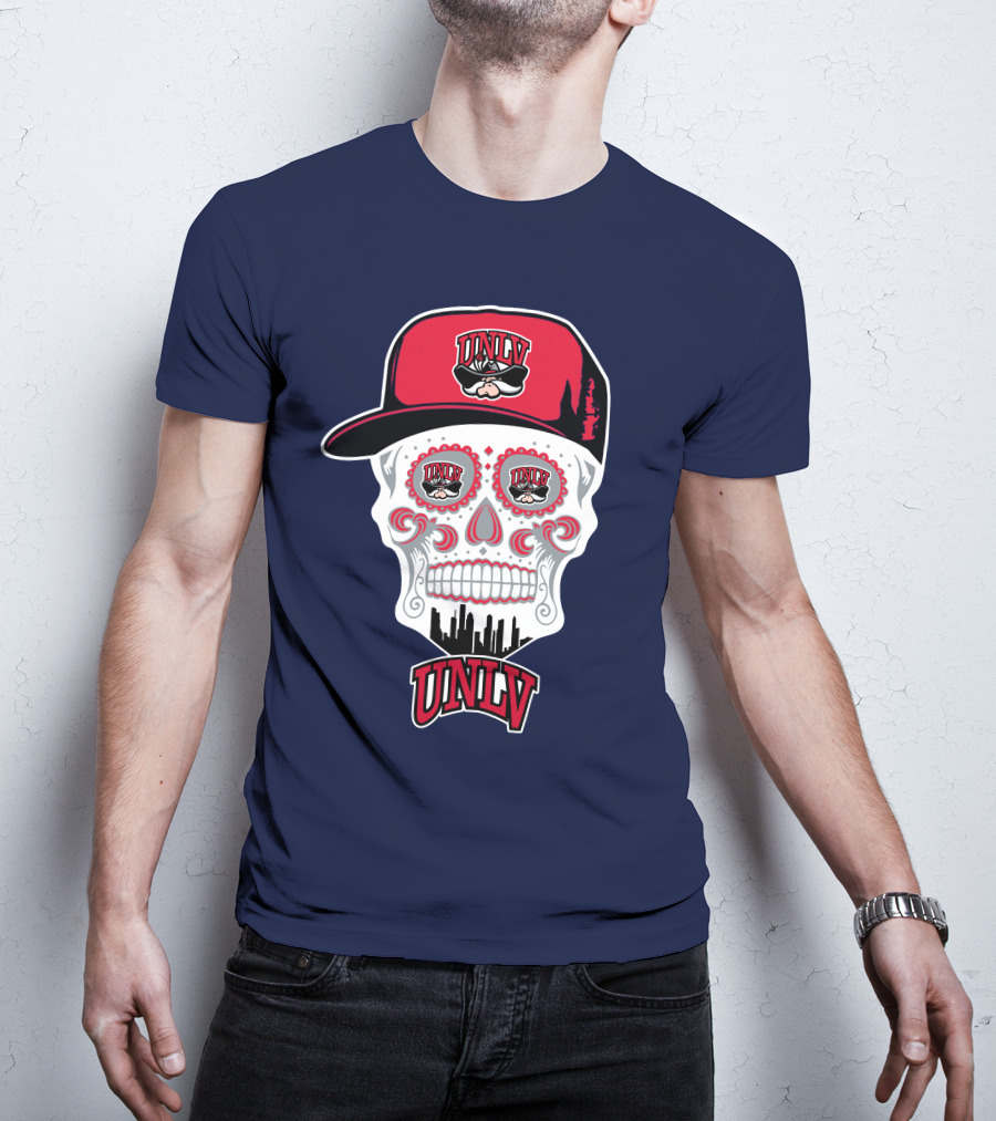 Unlv Rebels Skull With Cap Design Featuring Mascot Logo And Skyline T-Shirt