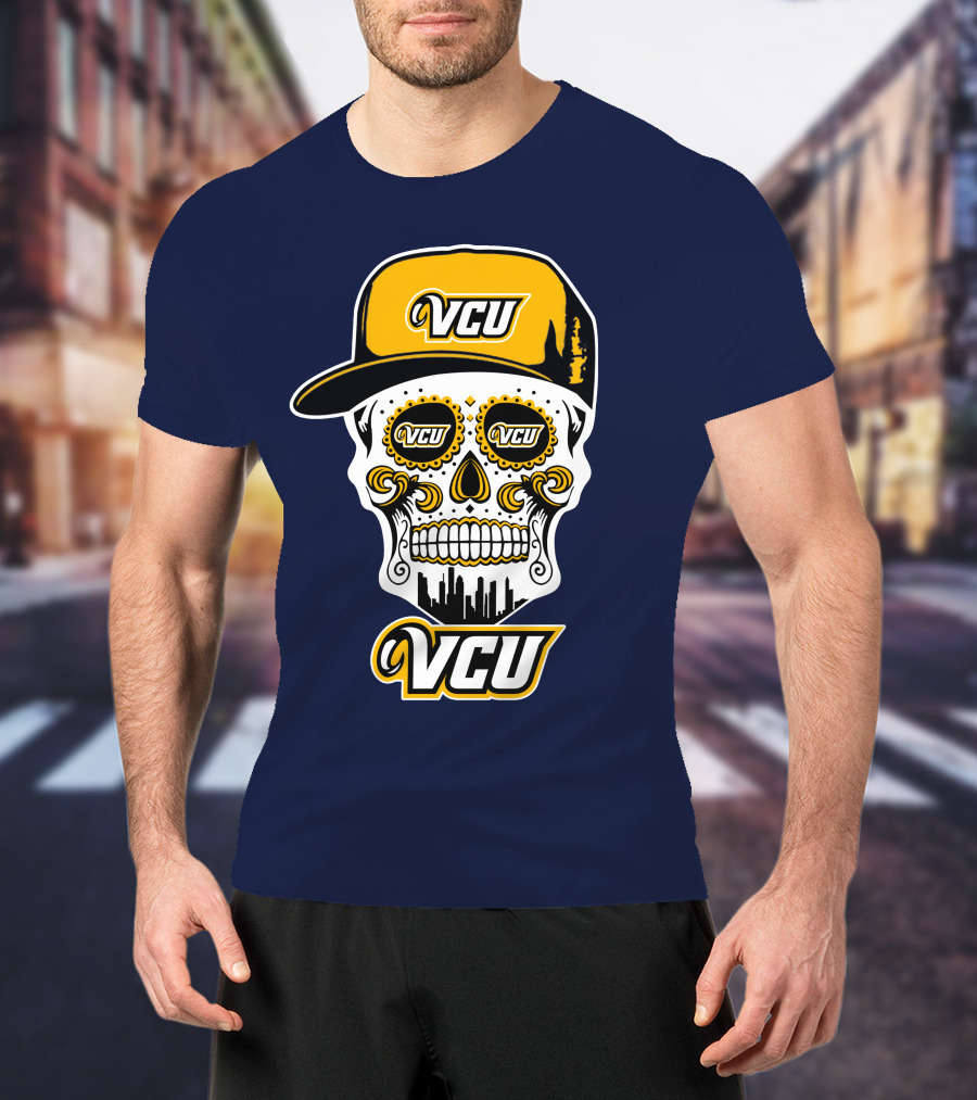 Vcu Rams Dia De Los Muertos Skull With Iconic Cap And Skyline T-Shirt