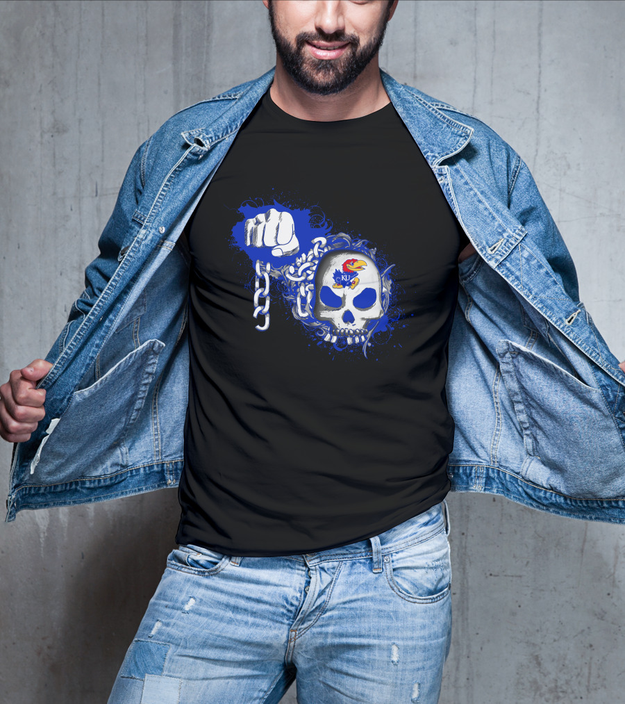 Kansas Jayhawks Skull With Chains And Bold Fist T-Shirt