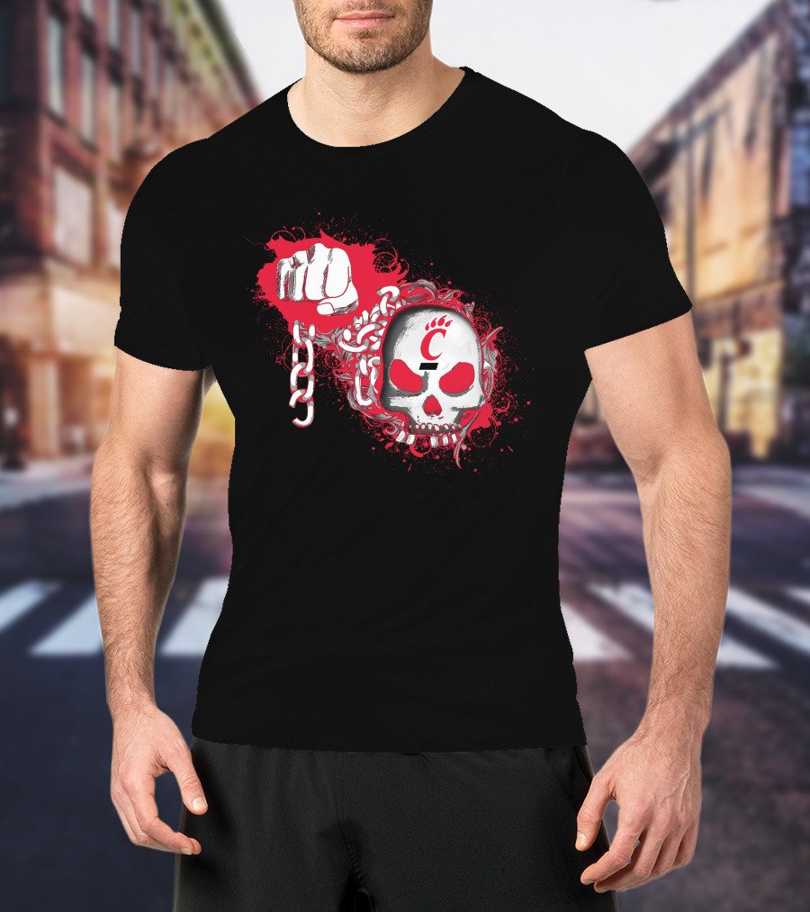 Cincinnati Bearcats Red Fist And Skull With Chains And Paw Print T-Shirt