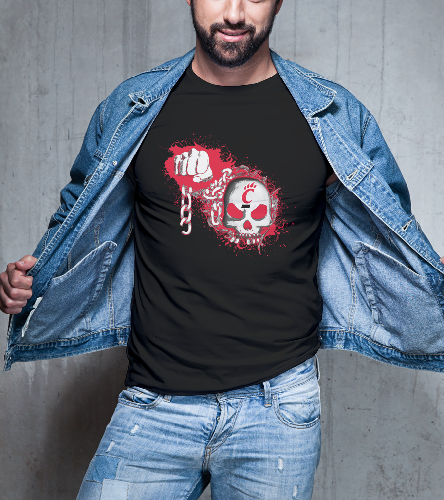 Cincinnati Bearcats Red Fist And Skull With Chains And Paw Print T-Shirt