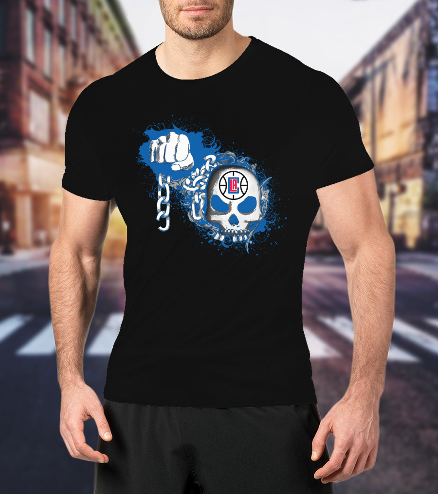 La Clippers Skull With Fist And Chains On Blue Splash T-Shirt