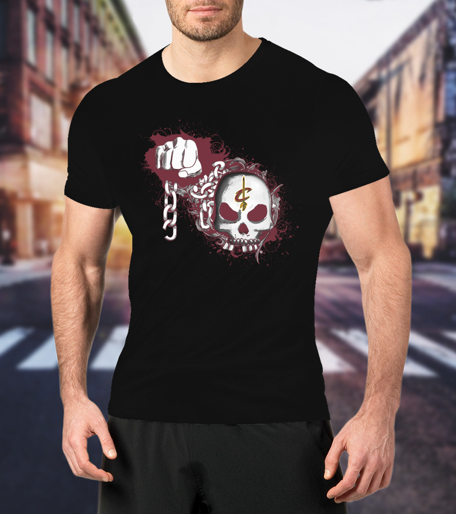 Cleveland Cavaliers Skull With Chains And Fist On Dark T-Shirt