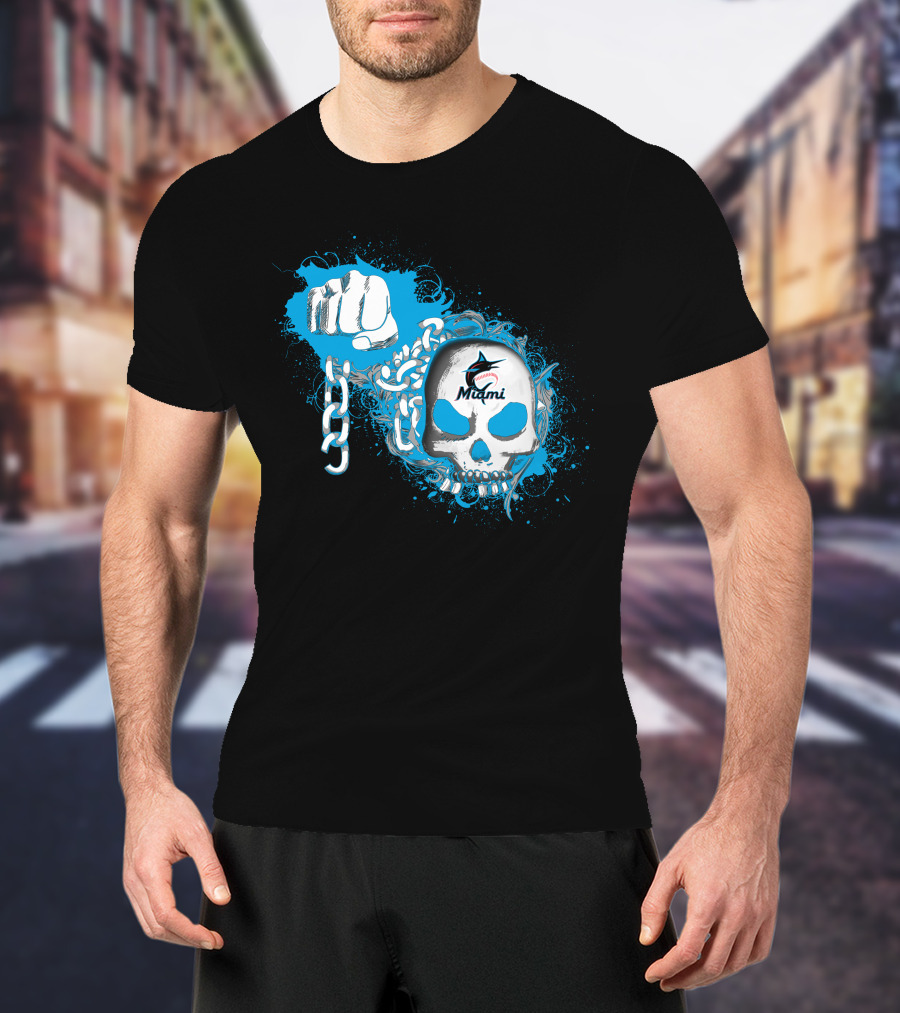 Miami Marlins Skull And Fist With Chain T-Shirt