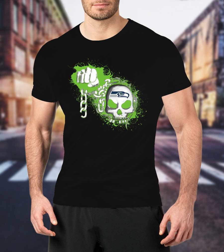 Seattle Seahawks Skull With Green Splatter And Chain Fist T-Shirt