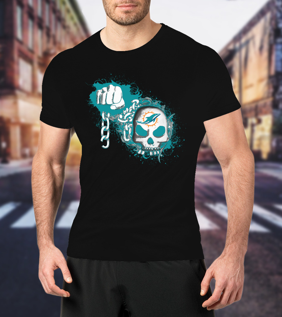 Miami Dolphins Skull And Fist With Chains T-Shirt