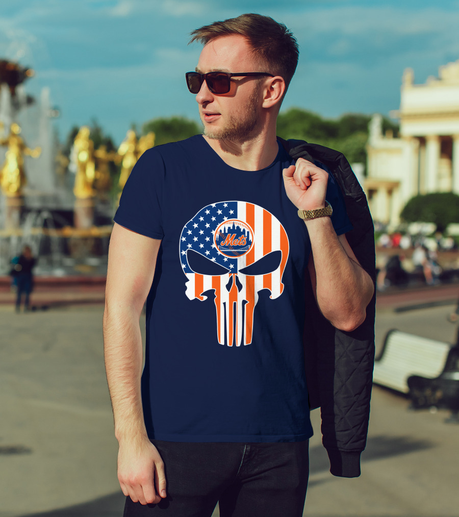 New York Mets Punisher Skull American Flag T-Shirt