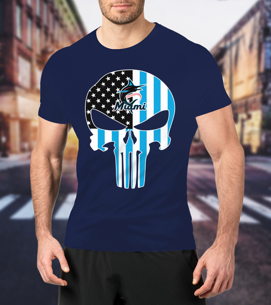 Miami Marlins Punisher Skull American Flag Fusion T-Shirt