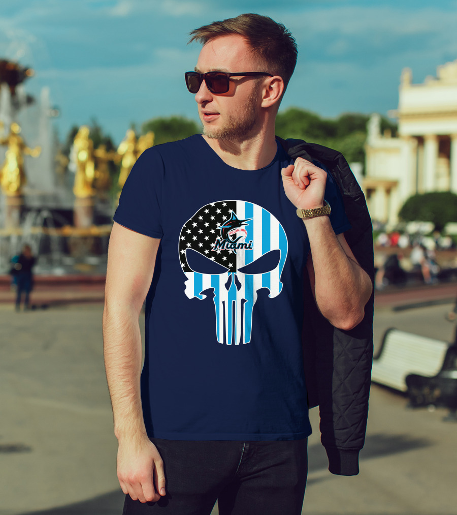 Miami Marlins Punisher Skull American Flag Fusion T-Shirt