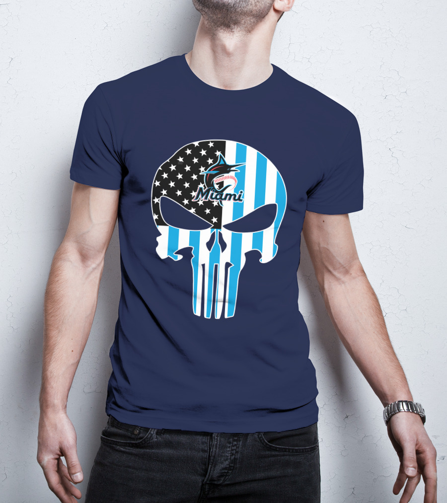 Miami Marlins Punisher Skull American Flag Fusion T-Shirt