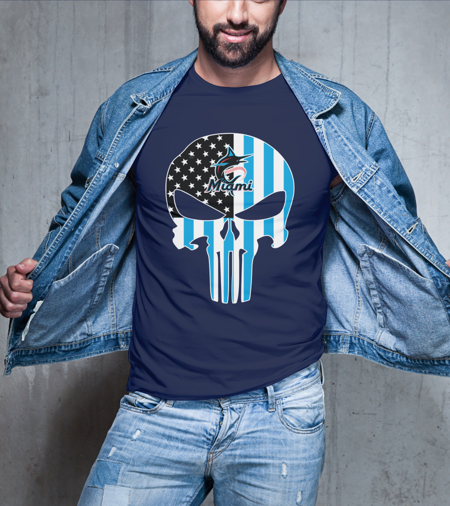Miami Marlins Punisher Skull American Flag Fusion T-Shirt