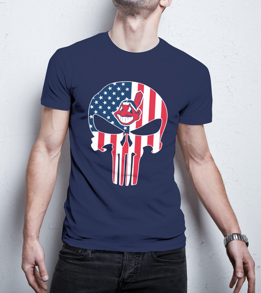 Indians The Punisher Skull American Flag Red White Blue T-Shirt