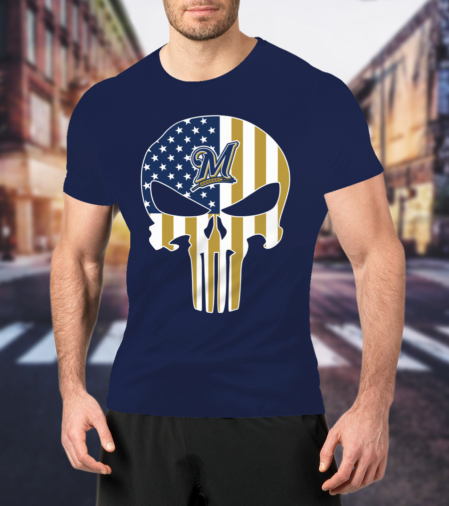 Milwaukee Brewers Punisher Skull American Flag T-Shirt