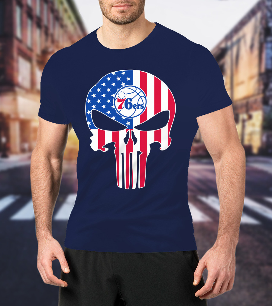 Philadelphia 76ers American Flag Punisher Style Skull T-Shirt