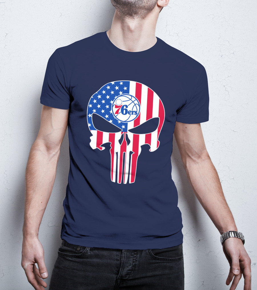 Philadelphia 76ers American Flag Punisher Style Skull T-Shirt