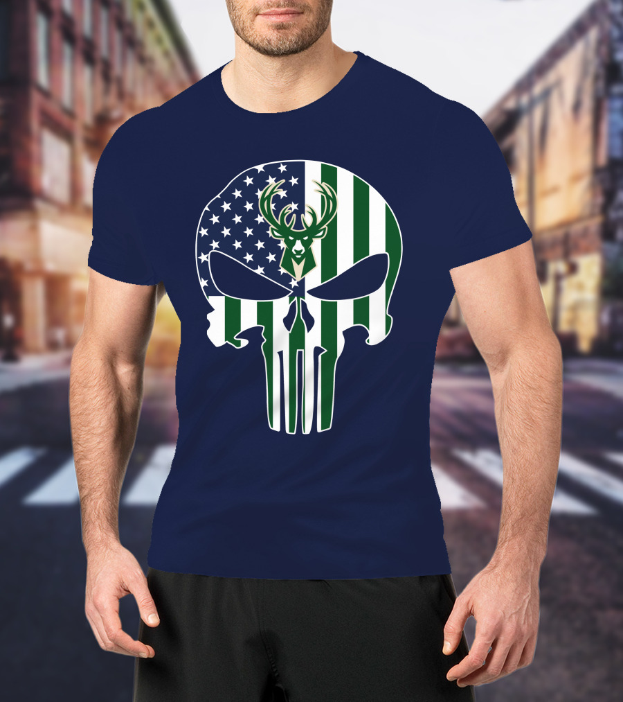 Milwaukee Bucks Punisher Skull American Flag Deer T-Shirt