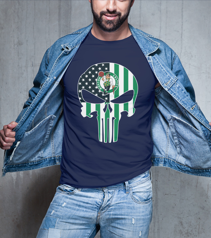 Boston Celtics Punisher Logo American Flag Skull T-Shirt