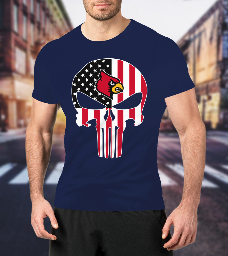 American Flag Punisher Skull Louisville Cardinals T-Shirt