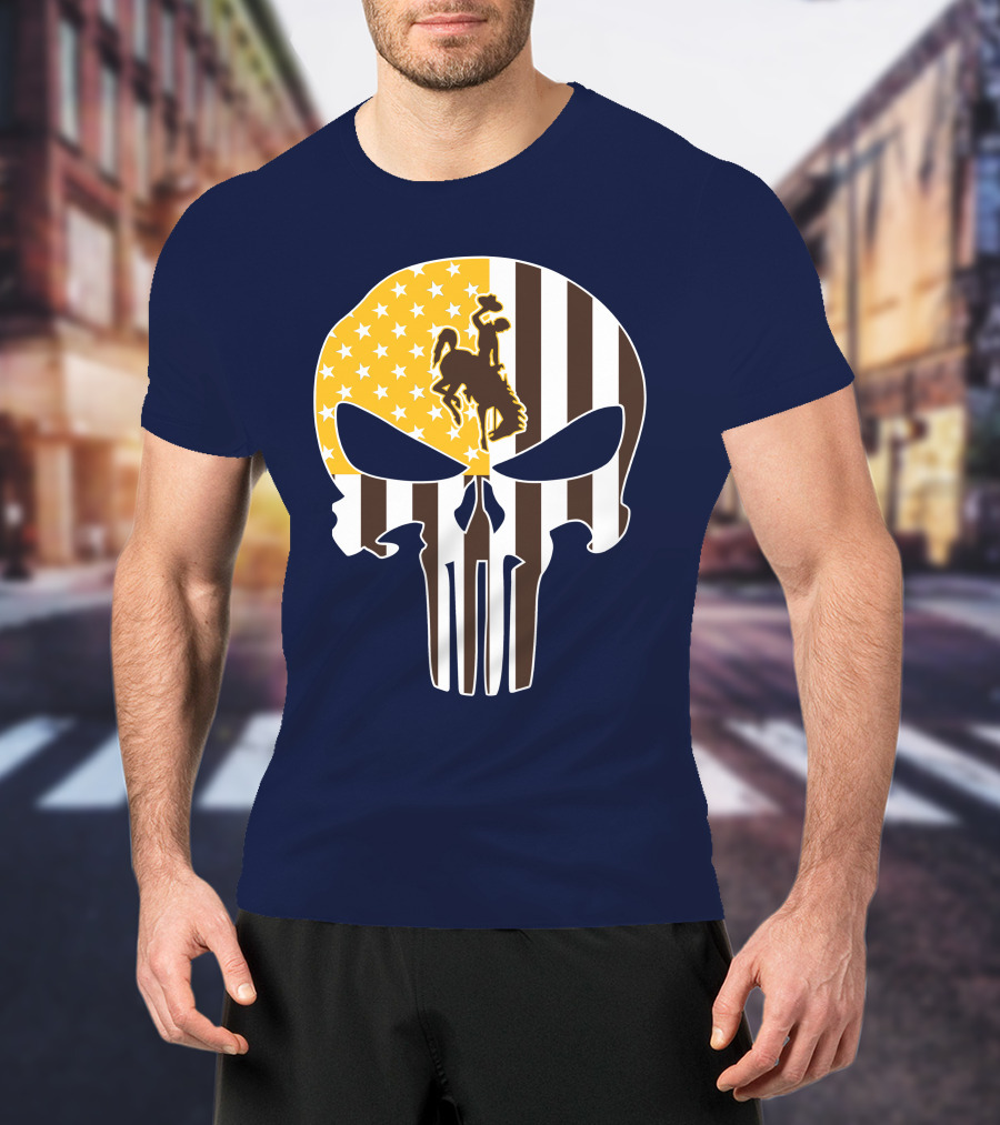 Wyoming Cowboys American Flag Punisher Skull T-Shirt