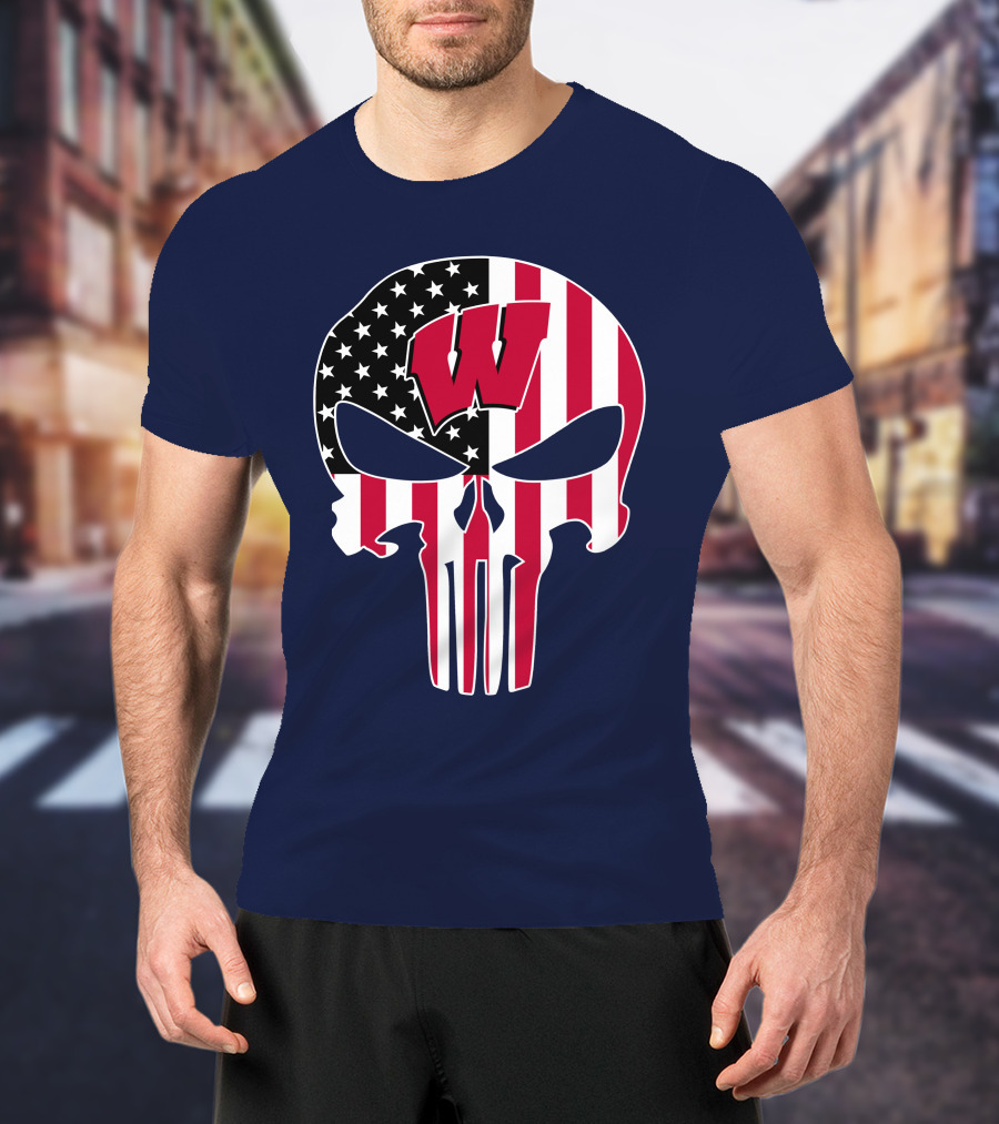 Wisconsin Badgers Punisher Skull American Flag T-Shirt
