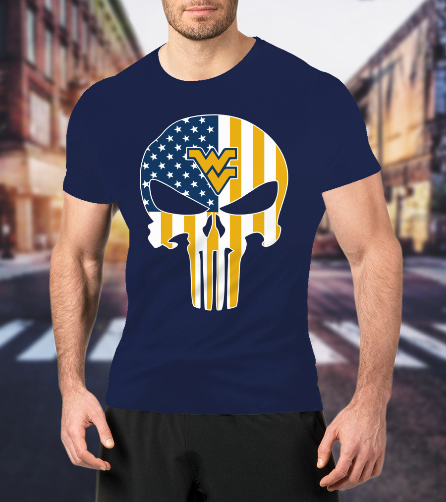 West Virginia Mountaineers The Punisher American Flag Skull T-Shirt