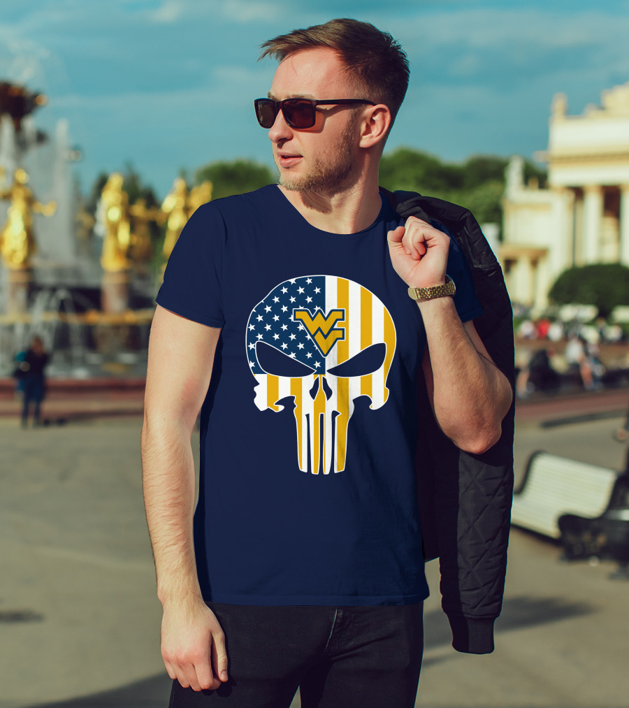 West Virginia Mountaineers The Punisher American Flag Skull T-Shirt