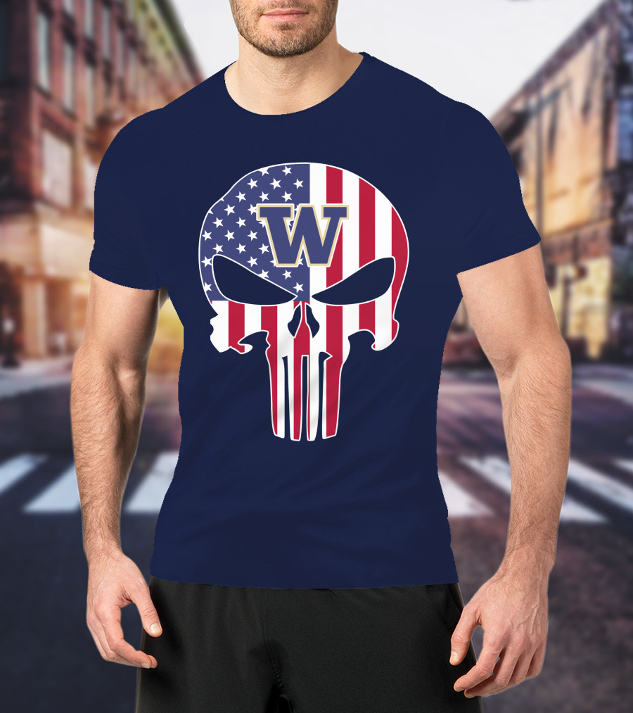 Washington Huskies The Punisher American Flag Skull W T-Shirt
