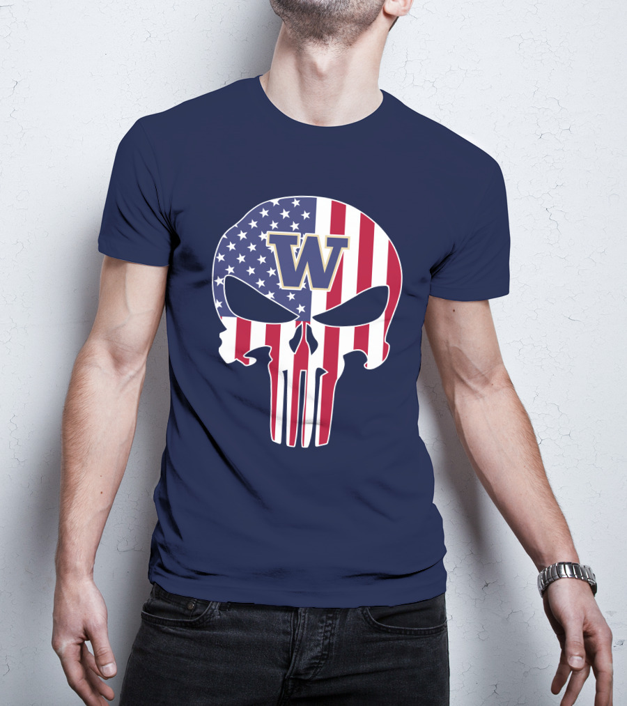 Washington Huskies The Punisher American Flag Skull W T-Shirt