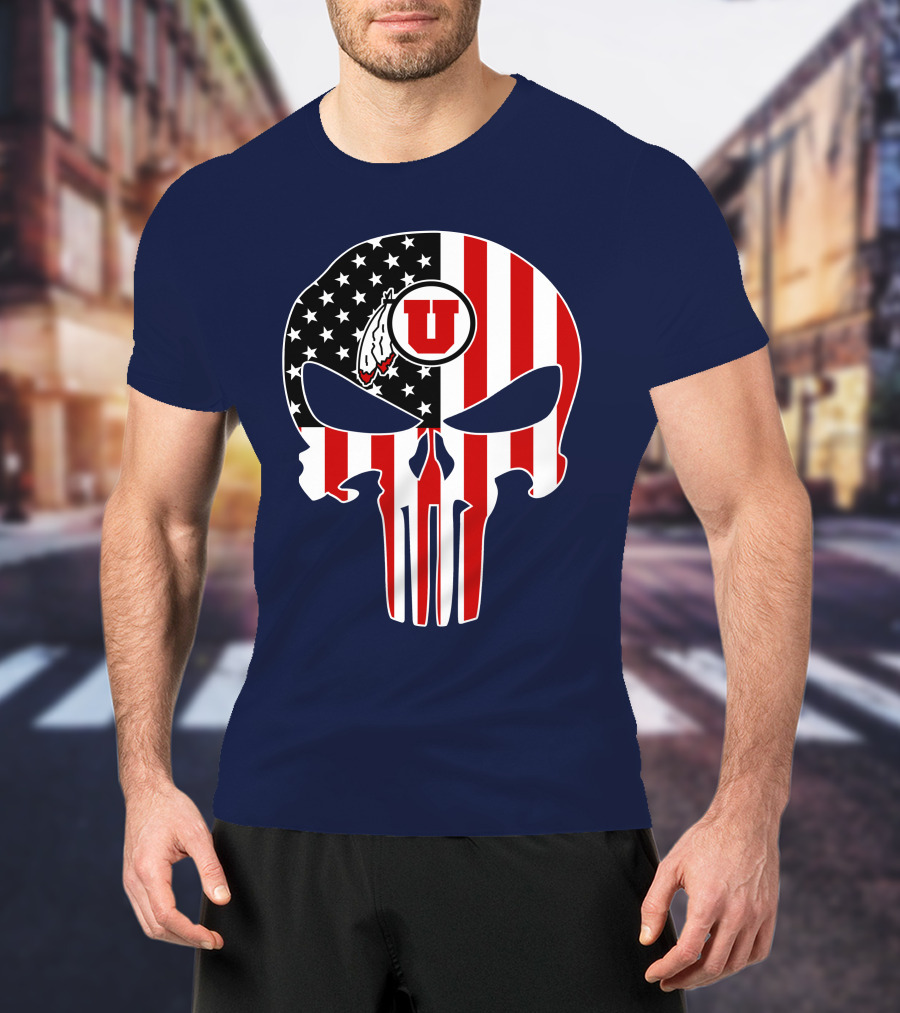 Utah Utes U Logo Punisher Skull American Flag T-Shirt
