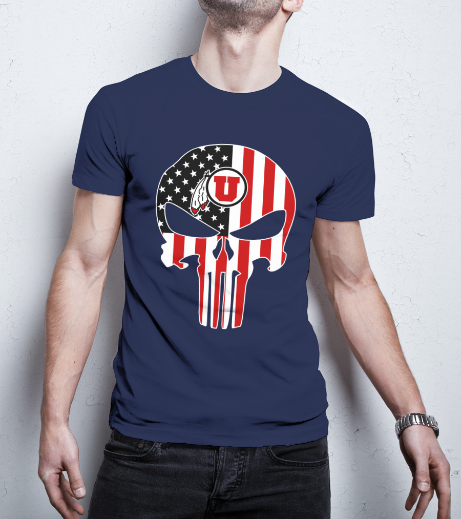 Utah Utes U Logo Punisher Skull American Flag T-Shirt