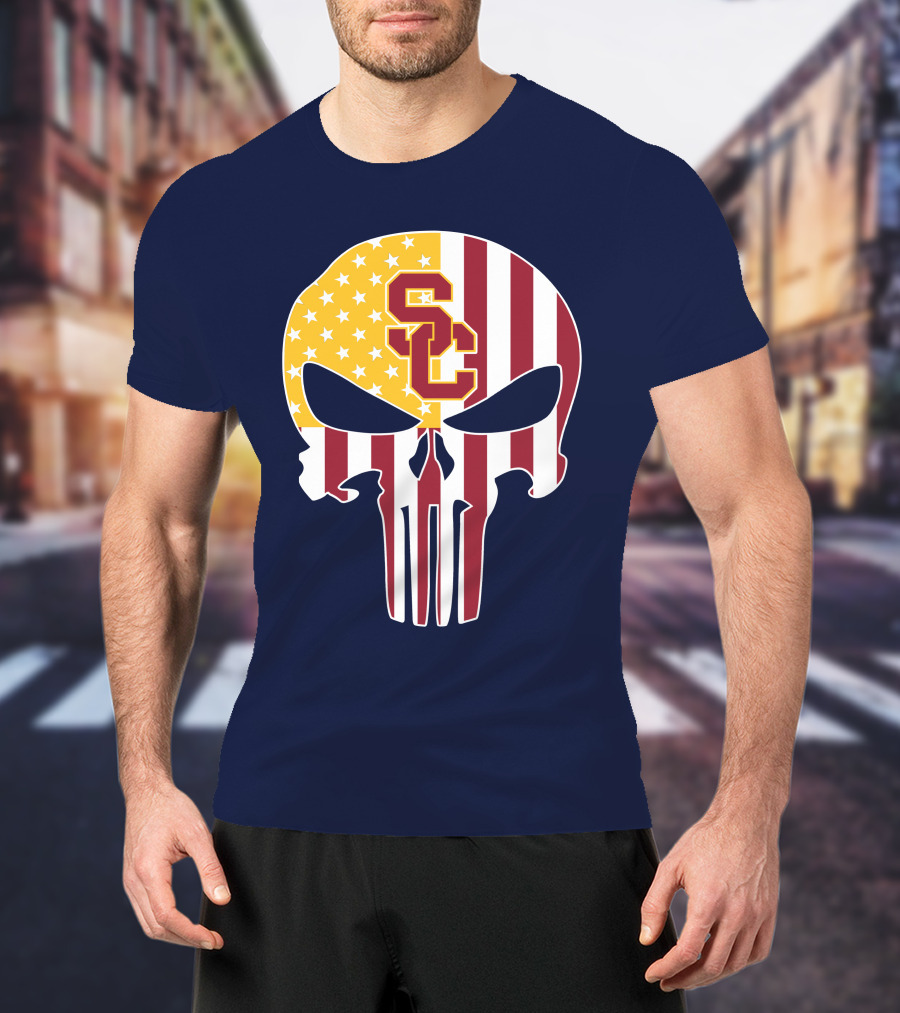 Usc Trojans Skull Punisher American Flag T-Shirt